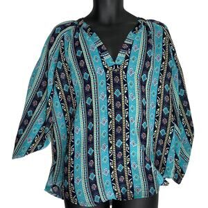 Urban Mangoz Tunic Top Womens Size S Green Boho Hippie Artsy Long Sleeve V-Neck